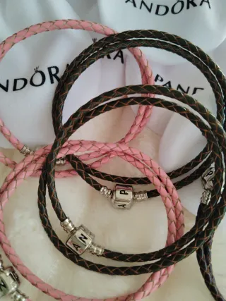 Pulsera Cuero Pandora Doble + Saquito