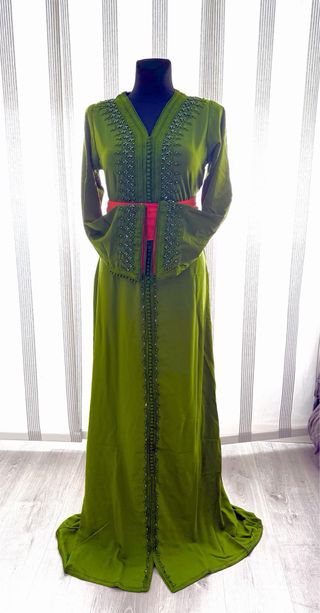 Caftán Marroquí Verde con Naranja