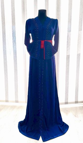 Caftán Marroquí Azul con Rojo