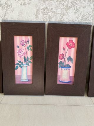 2 Cuadros Flores Rosas Marco Marrón