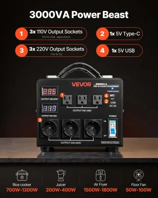 Trasformatore da 220 V a 110 V Automatico 3 Prese