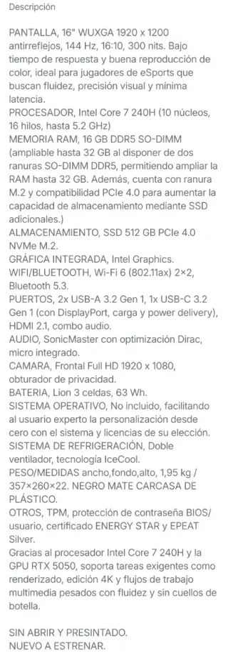 Portátil ASUS V16 V3607VH-RP019 16 Negro/Gris