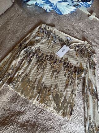 Chaleco Stradivarius lentejuelas beige/platatallaL