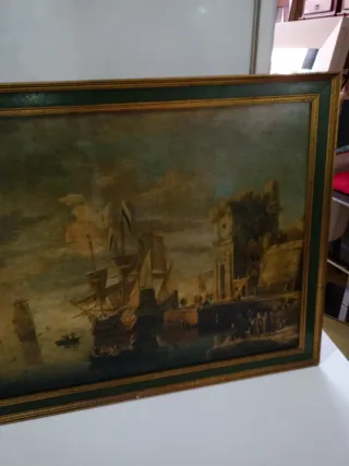 Cuadro antiguo barco y puerto
