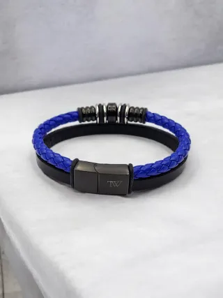 Pulsera trenzada cuero azul y negro