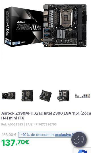 Placa Base ASRock Z390M-ITX/ac LGA1151 Mini-ITX WiFi DDR4 M.2