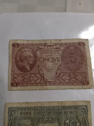 2 Banconote Italiane: 5 Lire e 10 Lire