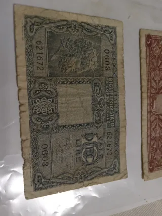 2 Banconote Italiane: 5 Lire e 10 Lire