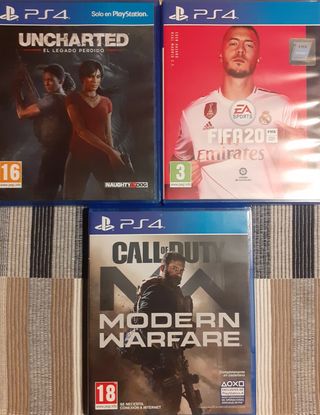 Lote de 3 Videojuegos PS4: Uncharted, FIFA 20, MW