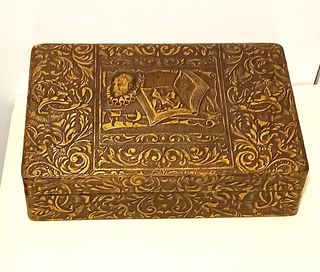 Caja antigua tabaco piel y madera