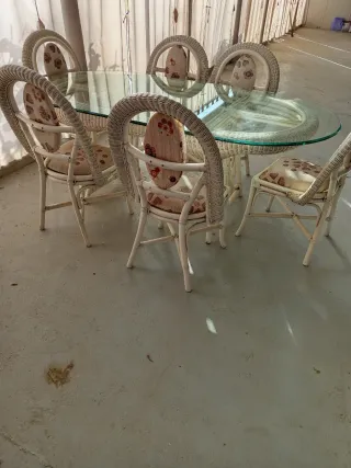 Mesa comedor mimbre 6 sillas cristal