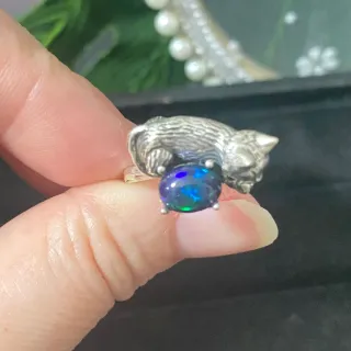 Anillo Gato Ópalo Negro Plata