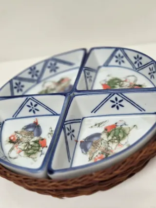 Bandeja 4 compartimentos cerámica y mimbre