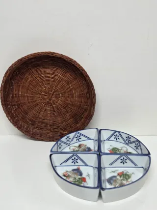 Bandeja 4 compartimentos cerámica y mimbre