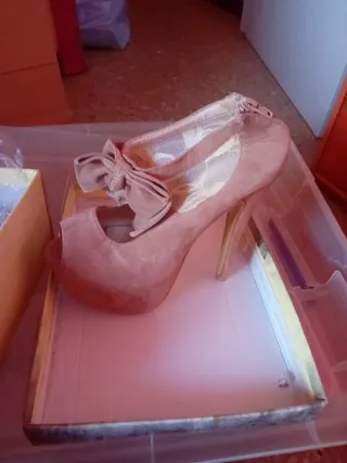 Zapato tacón beige/rosa con lazo