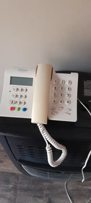 Teléfono fijo gris y blanco