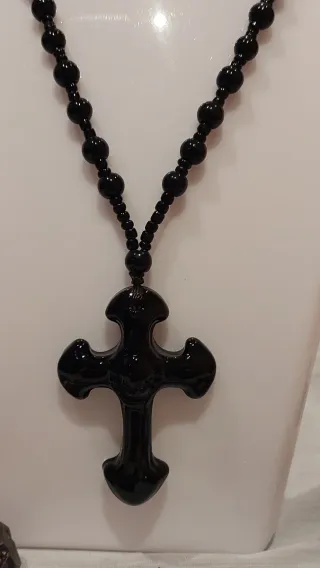 Collar Cruz Piedra Natural Obsidiana Negra