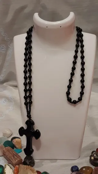 Collar Cruz Piedra Natural Obsidiana Negra