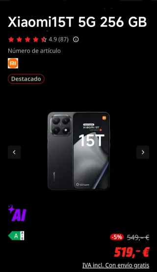 XIAOMI 15T 5G (12+256GB) Negro.