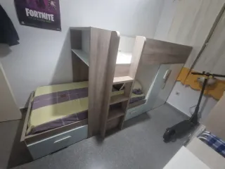 Cama tren madera, blanco y azul