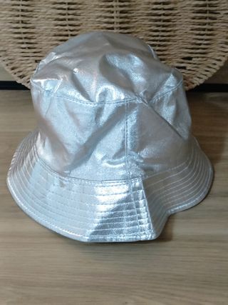 Pantalones y sombrero plateados brillantes