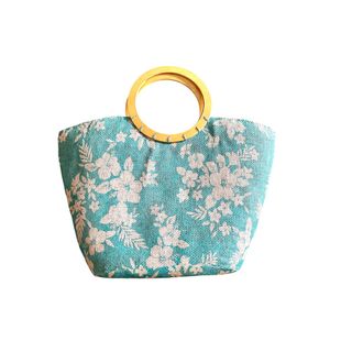 Borsa floreale blu con manici in legno