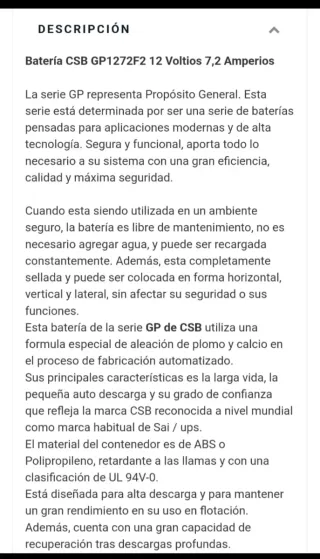 Batería CSB 12V 7.2Ah GP 1272 F2