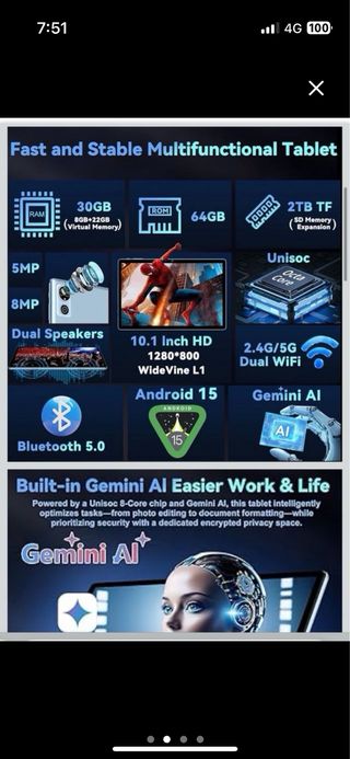 Tablet 10” Android 15 30GB RAM 64GB ROM•PRECINTADA