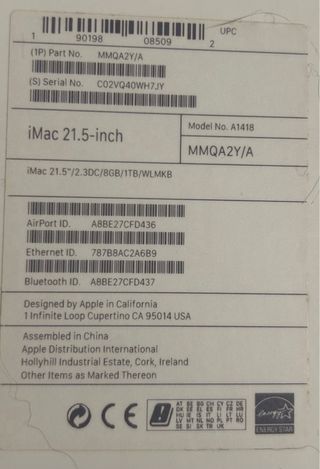 iMac 21.5 2017 Intel i5 8GB RAM SSD