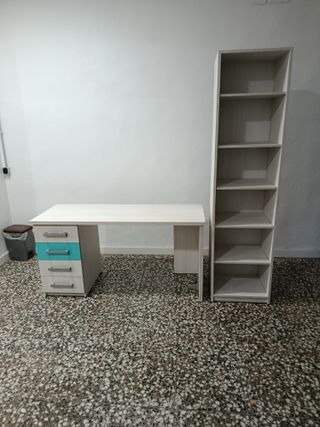 Escritorio juvenil con mesita y cabecero y estante