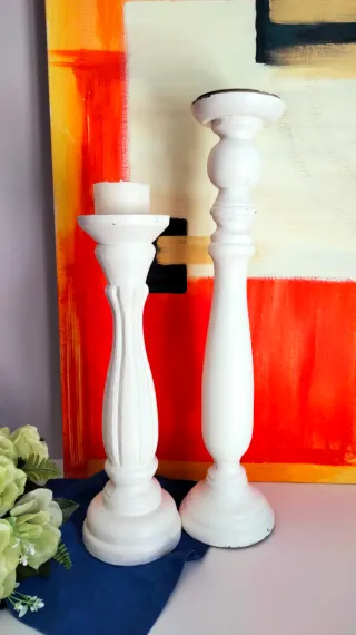 Coppia Portacandele Bianchi Legno