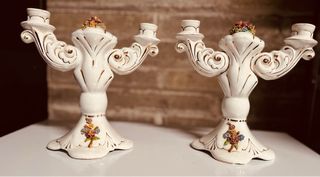 Pareja Candelabros Porcelana Florales 1940