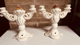 Pareja Candelabros Porcelana Florales 1940