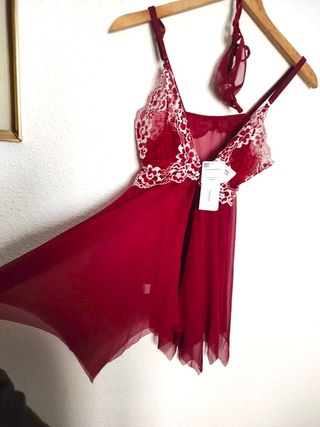 Camisón con tanga lencería encaje rojo bordado