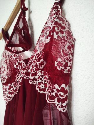 Camisón con tanga lencería encaje rojo bordado