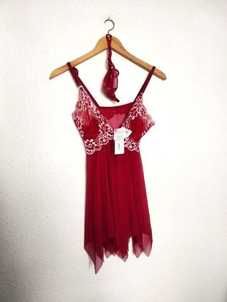 Camisón con tanga lencería encaje rojo bordado