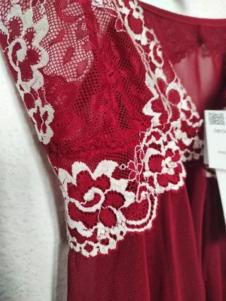 Camisón con tanga lencería encaje rojo bordado