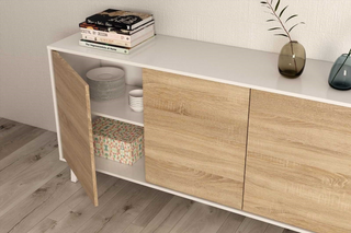 Aparador Nórdico 3 Puertas, Blanco Brillo y Roble