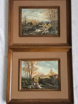 2 CUADROS ESMALTE PAISAJE OTOÑO RURAL CAMPO PUEBLO