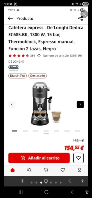 Cafetera DeLonghi Dedica EC685 + Molinillo KG20.