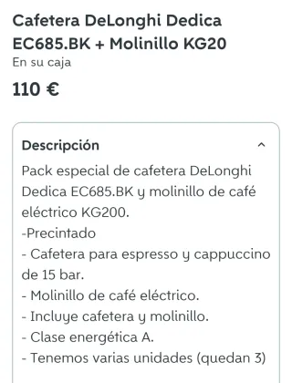 Cafetera DeLonghi Dedica EC685 + Molinillo KG20.