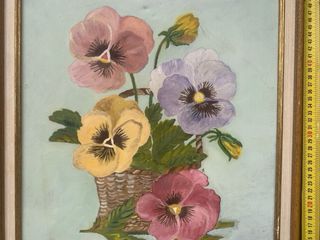 Cuadro al óleo de flores en cesta,