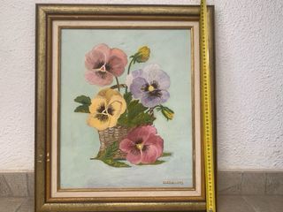 Cuadro al óleo de flores en cesta,