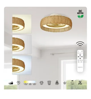 Lámpara Ventilador Mimbre Moderno Aspas Ocultas