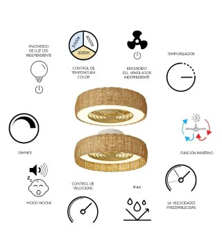 Lámpara Ventilador Mimbre Moderno Aspas Ocultas