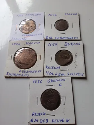 Lote de 5 monedas de Felipe IV y Fernando VII