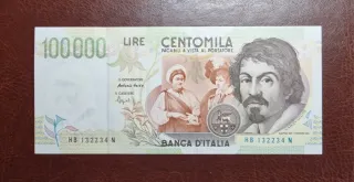 Banconota 100.000 Lire Caravaggio Originale.