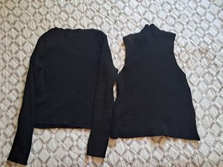 Jersey y blusa de punto acanalado negra de cuello