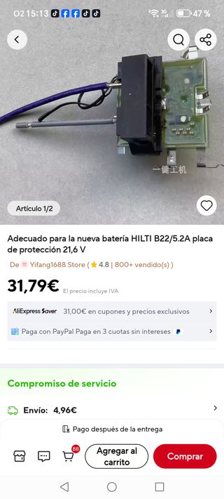 Placa protección batería HILTI B22/5.2A 21,6V