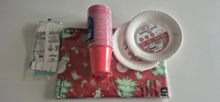 Set festa Natale: piatti, tovaglia, forchette, bic